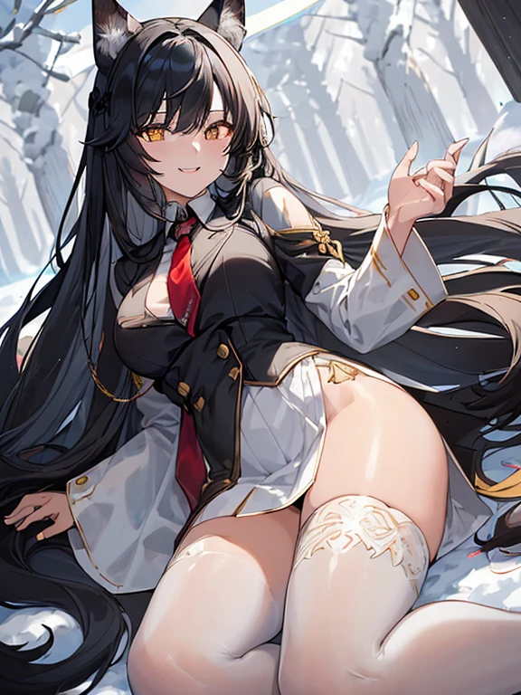 Black Haired, (Long hairstyles), Yellow Vertical pupil,(Vertical Eyes), Wolf ears, (Wicked Smiles), A girl, Wearing a White Suit Design Fur under The Neck, Aesthetic Design, Underneath Black shirt, Red necktie, ray,backlighting, masterpiece, best quality, exquisite,8k,absurdres ,super fine illustration,(looking at viewer), Back Ground, (((Snowy Forest Wolfs in corner)))