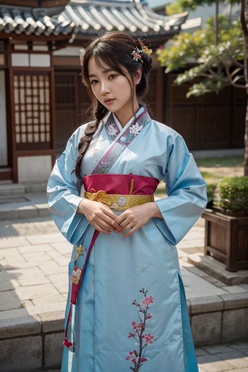 "Scene 1 - Picture 1: Photo of beautiful Korean woman wearing traditional Korean hanbok\n- Prompt to pass to DALL-E 3: Draw a beautiful Korean woman wearing Hanbok, Korea&#39;s traditional clothing.. Hanbok comes in a variety of colors and patterns.,It must reflect the elegant and luxurious atmosphere of a woman.. also,Please express the detailed decoration and embroidery of the hanbok in detail.."