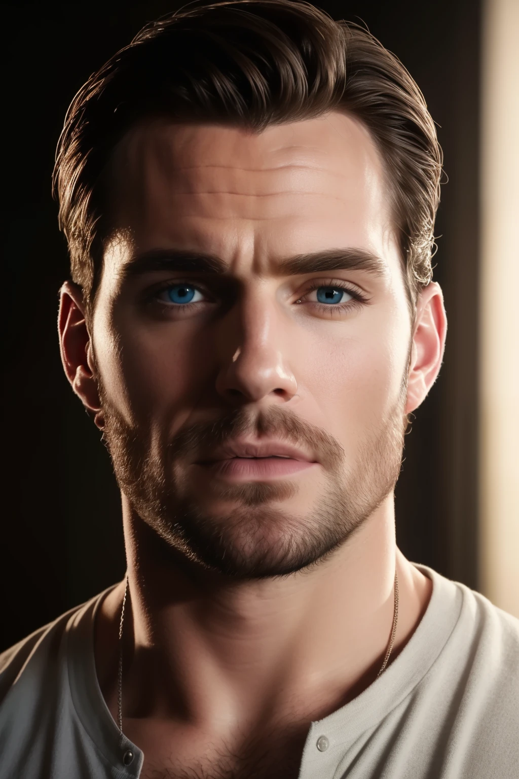 A striking photorealistic portrait of Henry Cavill and Chris Evans merged into one, showcasing the best features of both men. The image captures the sharp jawline, piercing blue eyes, and defined eyebrows of Henry Cavill, while the chiseled jaw, green eyes, and tousled hair of Chris Evans are also prominently displayed. The detailed facial structures and realistic skin texture add to the lifelike appearance of this masterpiece. The lighting creates cinematic depth, casting subtle shadows and highlighting every intricate detail. (Photorealistic: 1.5, High Detail: 1.2, RAW Photography: 1.8, Ultra HD: 1