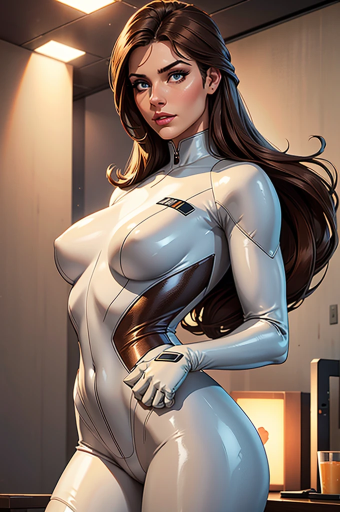 (best quality,8k:1.2,high resolution:1.2),ultra-detalhado,Realistic,retro science female,static pose,long brown hair,rosto extremamente detalhados,long eyelashes,white porcelain catsuit,Apertado,light beige gloves,light beige Glossy metalic accessories,Physically-based rendering,foco nítido,studio lighting