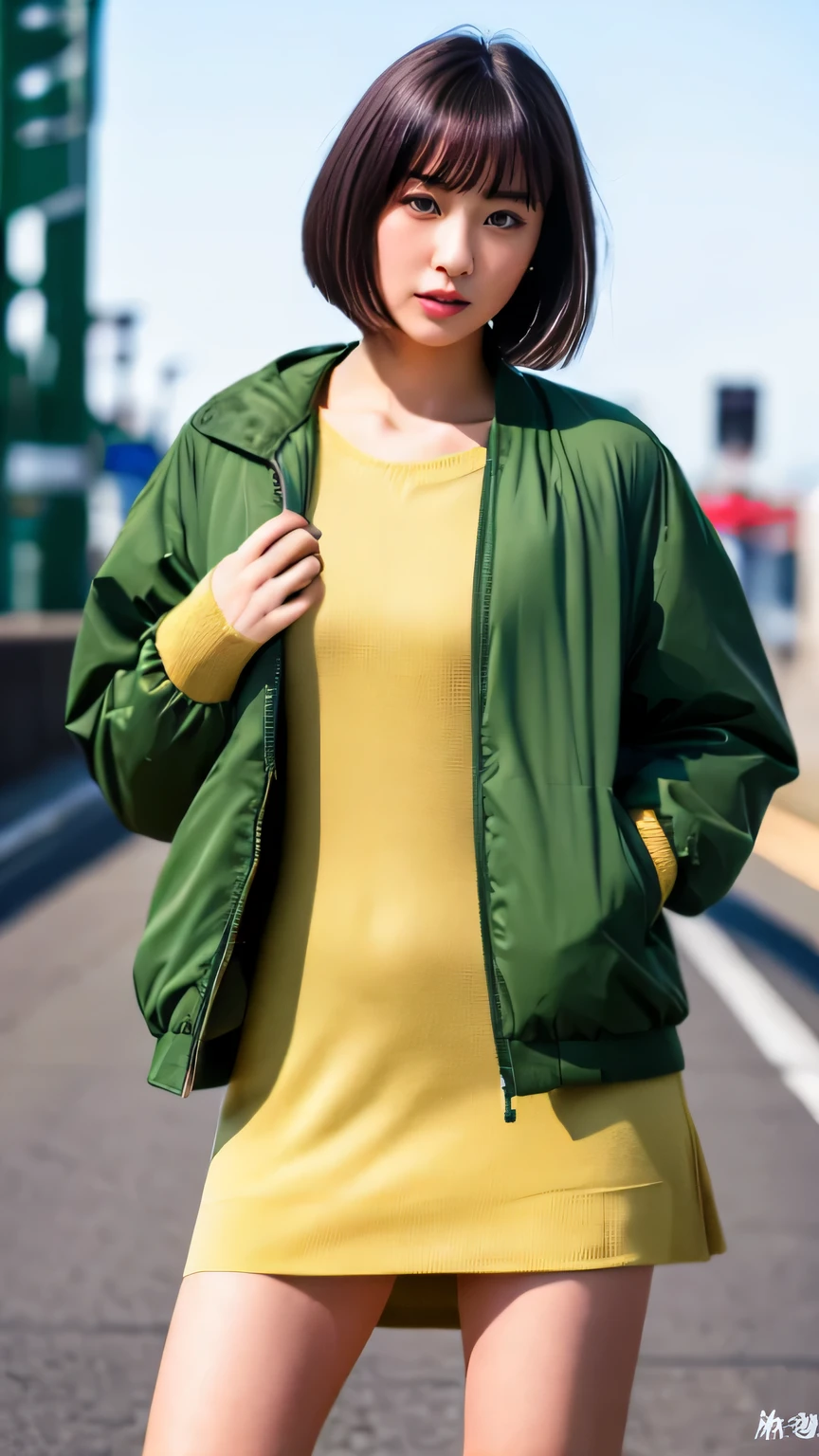 (full body:1.4), (whole body:1.4), Hyper-Realism, (Photorealsitic:1.4), 8K, maximum resolution, (masterpiece), highly detailed, best quality, Refined face, Japanese beautiful woman, detailed beautiful eyes and lip, beautiful face, 22yo, Green military jacket and camisole, military physique, bob hairstyle, cool expression