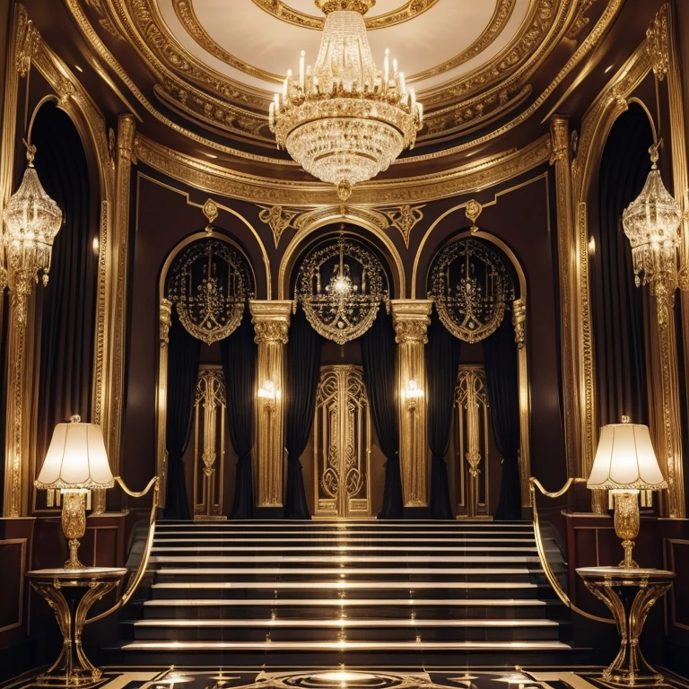 (best quality,4k,8k,highres,masterpiece:1.2),ultra-detailed,(realistic,photorealistic,photo-realistic:1.37),art deco,glamorous,geometric shapes,shimmering gold accents,luxurious atmosphere,elegant curves,opulent textures,sparkling chandeliers,elaborate ornaments,vibrant colors,fashionable women,sophisticated men,extravagant fashion,fabulous parties,ornate architecture,1920s elegance,decadence,retro glam,exquisite jewelry,smoky jazz clubs,expensive champagne,fine arts,streamlined design,glimmering art pieces,impeccable craftsmanship,ornamental motifs,rich patterns,timeless beauty,symmetrical compositions,graceful lines,exquisite details,lustrous surfaces,intense colors,modernist aesthetics,opulence,grandeur,vintage glamour,lavish lifestyle,dimly lit ballrooms,exquisite ball gowns,swanky cocktail parties,artistic elegance,decorative elements,bold and glamorous style,unique textures,ornate mirror frames,marble fountains,exquisite vases,dramatic sculptures,elaborate doorways,classic elegance,sophisticated atmosphere,opulent furnishings,extravagant interiors,1920s vibes,glowing neon signs,innovative designs,breathtaking beauty,refined taste,cosmopolitan charm,timeless sophistication,colossal entrances,ornate staircases,luxurious materials,luxury lifestyle,extravagant decor,glittering decorations,plush velvet,shiny metal accents,reflections of light,extravagant parties,exquisite fashion accessories,exquisite fashion jewelry,fine craftsmanship,meticulous attention to detail,luxury brands,exquisite home decor,rich color palettes,bold color contrasts,vintage fashion,artistic expression,mysterious allure,fashionable hairstyles,magnificent settings,glamorous events,opulent art exhibitions,vintage cars,sleek design,architectural masterpieces.