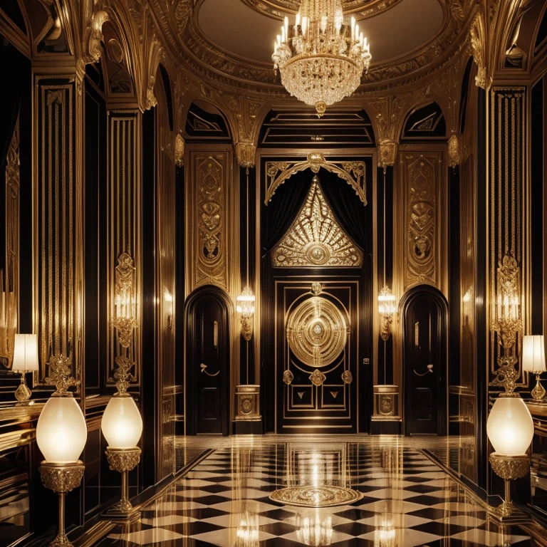(best quality,4k,8k,highres,masterpiece:1.2),ultra-detailed,(realistic,photorealistic,photo-realistic:1.37),art deco,glamorous,geometric shapes,shimmering gold accents,luxurious atmosphere,elegant curves,opulent textures,sparkling chandeliers,elaborate ornaments,vibrant colors,fashionable women,sophisticated men,extravagant fashion,fabulous parties,ornate architecture,1920s elegance,decadence,retro glam,exquisite jewelry,smoky jazz clubs,expensive champagne,fine arts,streamlined design,glimmering art pieces,impeccable craftsmanship,ornamental motifs,rich patterns,timeless beauty,symmetrical compositions,graceful lines,exquisite details,lustrous surfaces,intense colors,modernist aesthetics,opulence,grandeur,vintage glamour,lavish lifestyle,dimly lit ballrooms,exquisite ball gowns,swanky cocktail parties,artistic elegance,decorative elements,bold and glamorous style,unique textures,ornate mirror frames,marble fountains,exquisite vases,dramatic sculptures,elaborate doorways,classic elegance,sophisticated atmosphere,opulent furnishings,extravagant interiors,1920s vibes,glowing neon signs,innovative designs,breathtaking beauty,refined taste,cosmopolitan charm,timeless sophistication,colossal entrances,ornate staircases,luxurious materials,luxury lifestyle,extravagant decor,glittering decorations,plush velvet,shiny metal accents,reflections of light,extravagant parties,exquisite fashion accessories,exquisite fashion jewelry,fine craftsmanship,meticulous attention to detail,luxury brands,exquisite home decor,rich color palettes,bold color contrasts,vintage fashion,artistic expression,mysterious allure,fashionable hairstyles,magnificent settings,glamorous events,opulent art exhibitions,vintage cars,sleek design,architectural masterpieces.