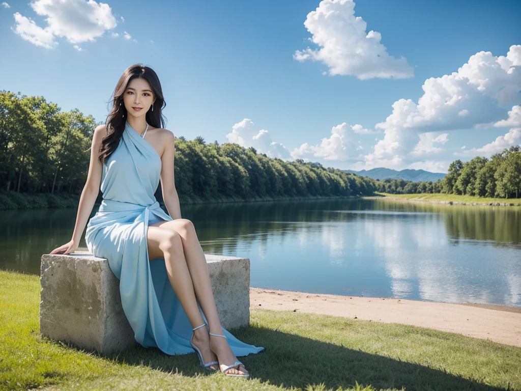 fully body photo,Extremely beautiful and delicate,Black color hair,A sweet smile,Delicate and beautiful fair skin,Realistic and realistic,(exquisite and complete facial features,Detailed depiction of the face),tall nose bridge,Smooth hair,extremely detail hair,Feminine temperament,,Fill your face light,Tall and tall,Thin,sandals,Realiy,Hyper-realism,full body shot shot,Forward tilt angle,Extreme picture quality,Highest precision, Precise and perfect human anatomy。with blue sky and white clouds,Sitting on the Steppe,(with blue sky and white clouds),rays of sunshine,(Sarong_dress) Pussy are clearly visible,telephoto shot,Express the landscape,Highlight portrait。Half sitting
