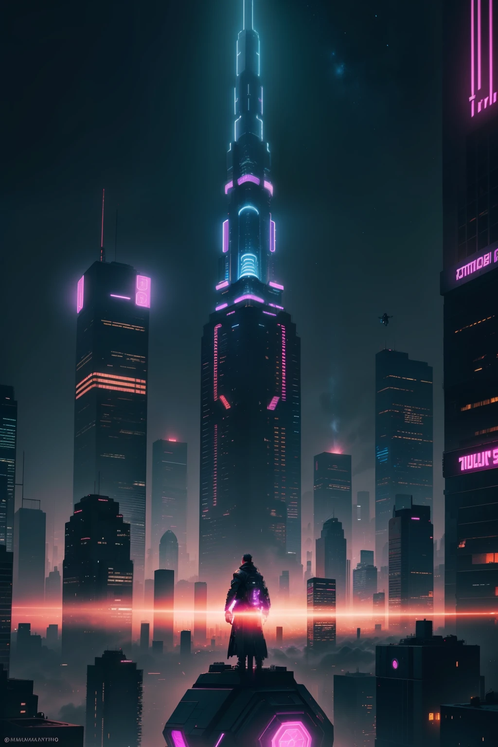 In the heart of a gritty, neon-lit metropolis, the citizens gaze upward in awe and wonder. The black sky above is punctured by an intricately rendered multiverse, its swirling colors and forms illuminating the night in high definition. The 9:16 aspect ratio amplifies the grandiosity of the scene, as the city's towering structures and cyberpunk residents are dwarfed by the cosmic phenomena above. People in futuristic attire, some with cybernetic enhancements, cling to the edges of rooftops and lean out from windows, their eyes wide with fascination and curiosity. The scene is alive with vibrant colors, intricate