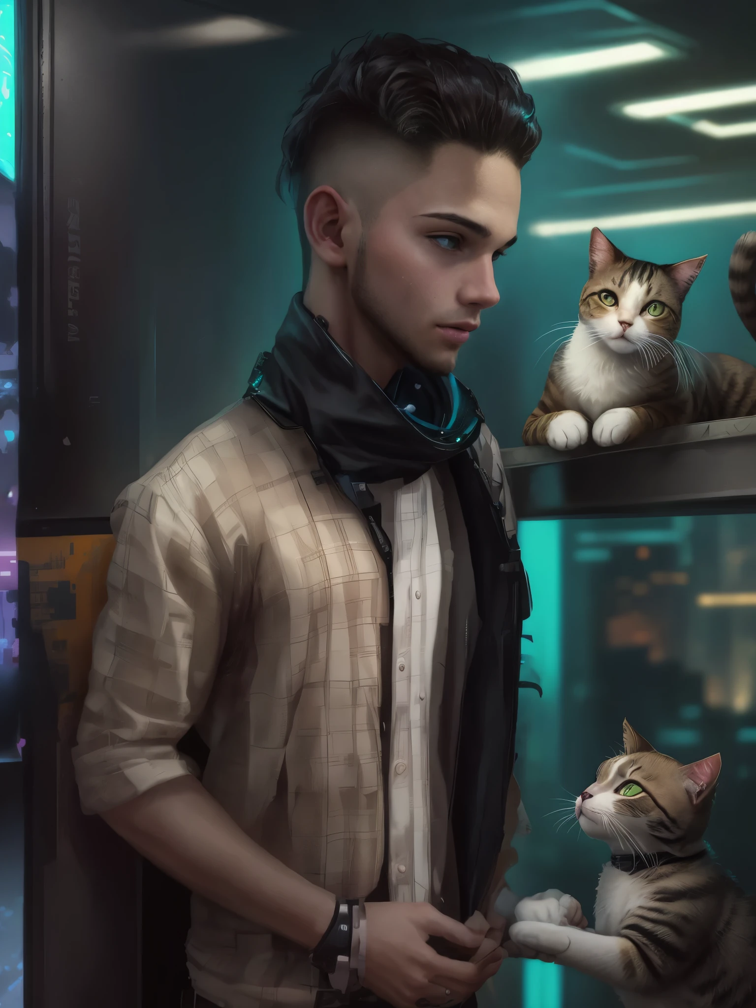 Cyberpunk hadsome boy with realistic with cat