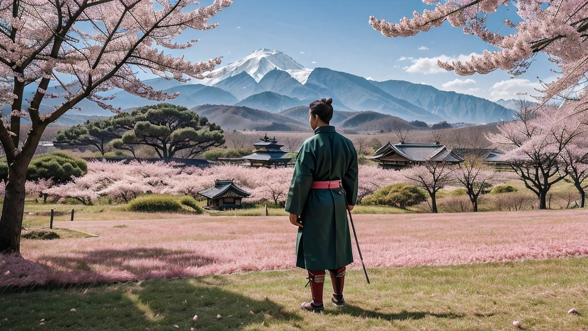 samurai standing in green tall grass, cherry blossom tree, pink leaves blows in the wind, distant snow mountain, clear skies with distant birds