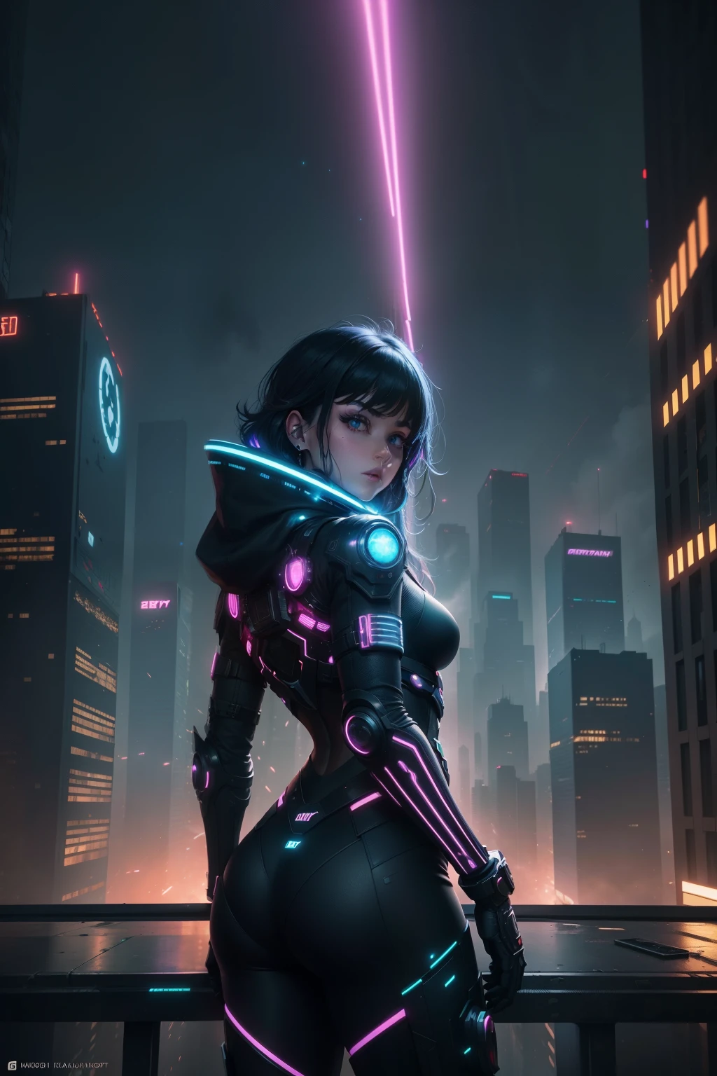 In the heart of a gritty, neon-lit metropolis, the citizens gaze upward in awe and wonder. The black sky above is punctured by an intricately rendered multiverse, its swirling colors and forms illuminating the night in high definition. The 9:16 aspect ratio amplifies the grandiosity of the scene, as the city's towering structures and cyberpunk residents are dwarfed by the cosmic phenomena above. People in futuristic attire, some with cybernetic enhancements, cling to the edges of rooftops and lean out from windows, their eyes wide with fascination and curiosity. The scene is alive with vibrant colors, intricate