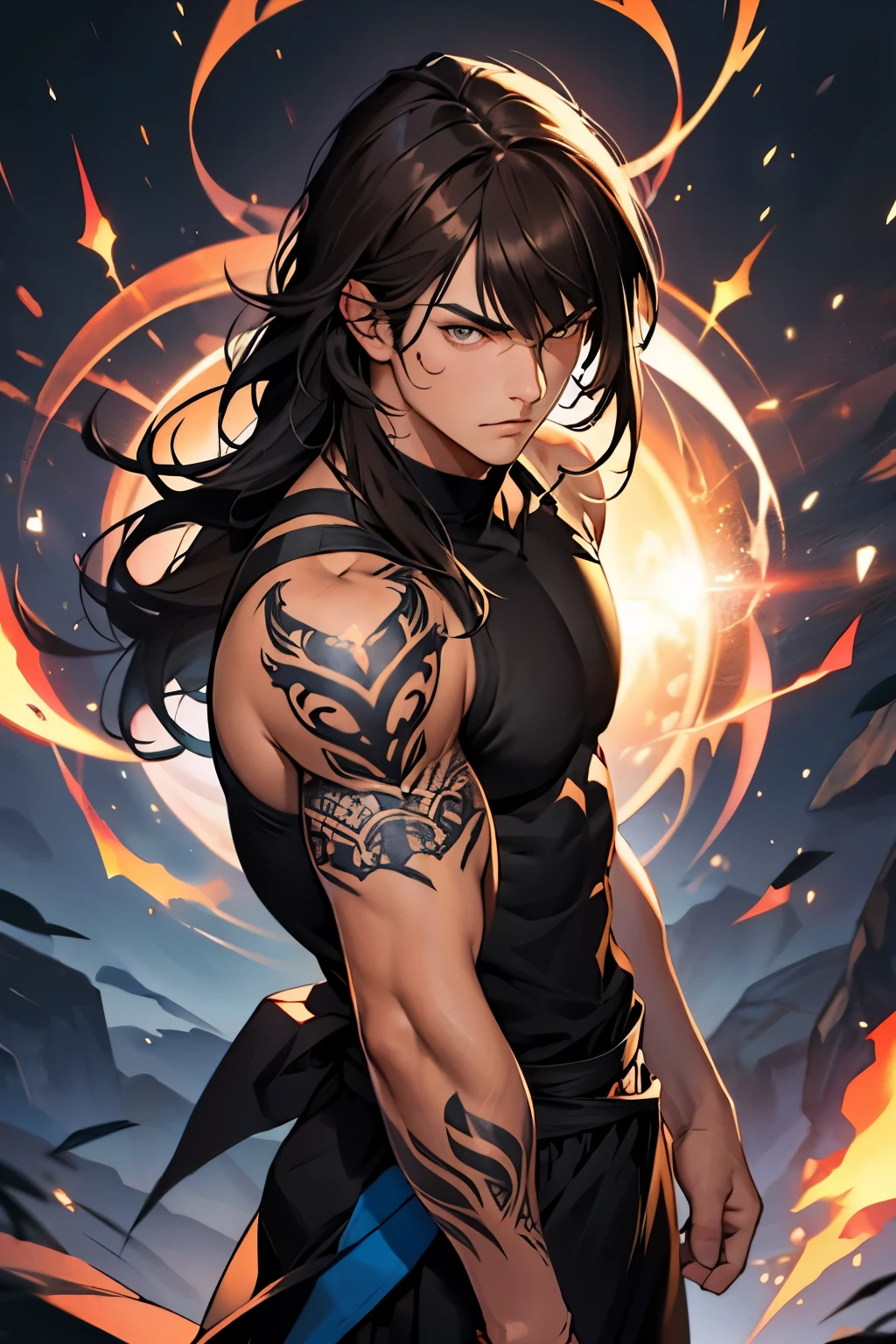 One, Looking at the viewer, long hair, bob hair, Small bangs , dark brown hair, (tattoo on arm:1.2), Closed mouth, standing, Full Length, boy'this is a trick, facing the viewer, neck open, athletic body,(magic:1.3), (aura:1.3), boy, Masculine facial features, boy, muscles, boy, 17 years, barrier, Full Length, Dark clothes
