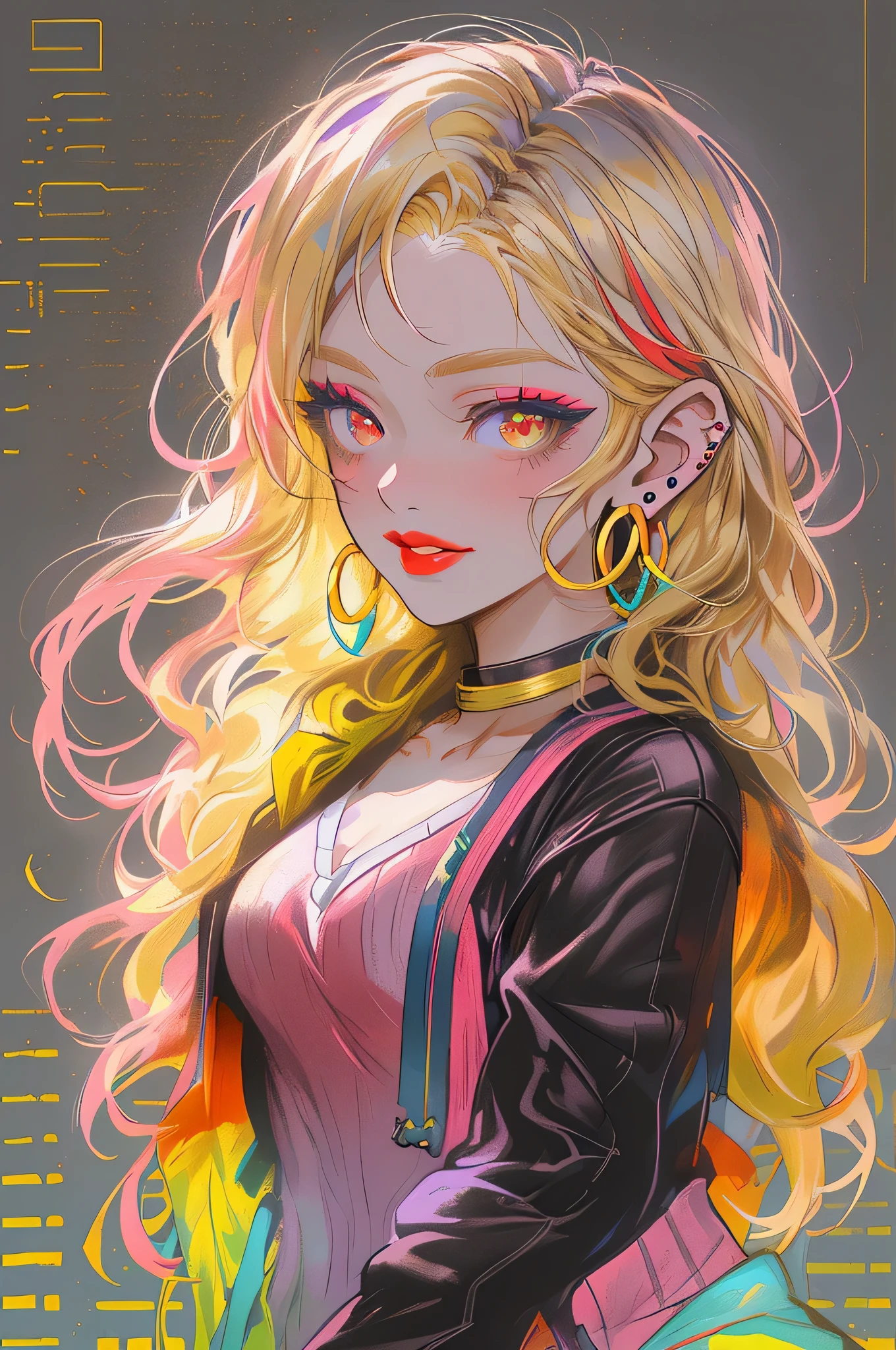 Upper body standing painting, yellow style, (1 ), (alone), (cent, small), long blonde hair, looking at the viewer, Blue eyes background, white background, gem, Jacket, golden hair、straight hair, ear nipple rings, red eyes, choker necklace, sweater, eyelash, cosmetics, curly, punching, lipstick, ear piercing, eye shadow, hoop earrings, Red-pink lips, multicolored eyes, Yellow theme, 赤いeye shadow,Wearing a rainbow-colored aura from the whole body、purplish color, outdoor, Purple background, Shadow lighting,Hands folded behind the waist,Decisive pose、Detailed CG, (perfect hands, perfect anatomy)、stick out tongue(1:3)、Happier appearance