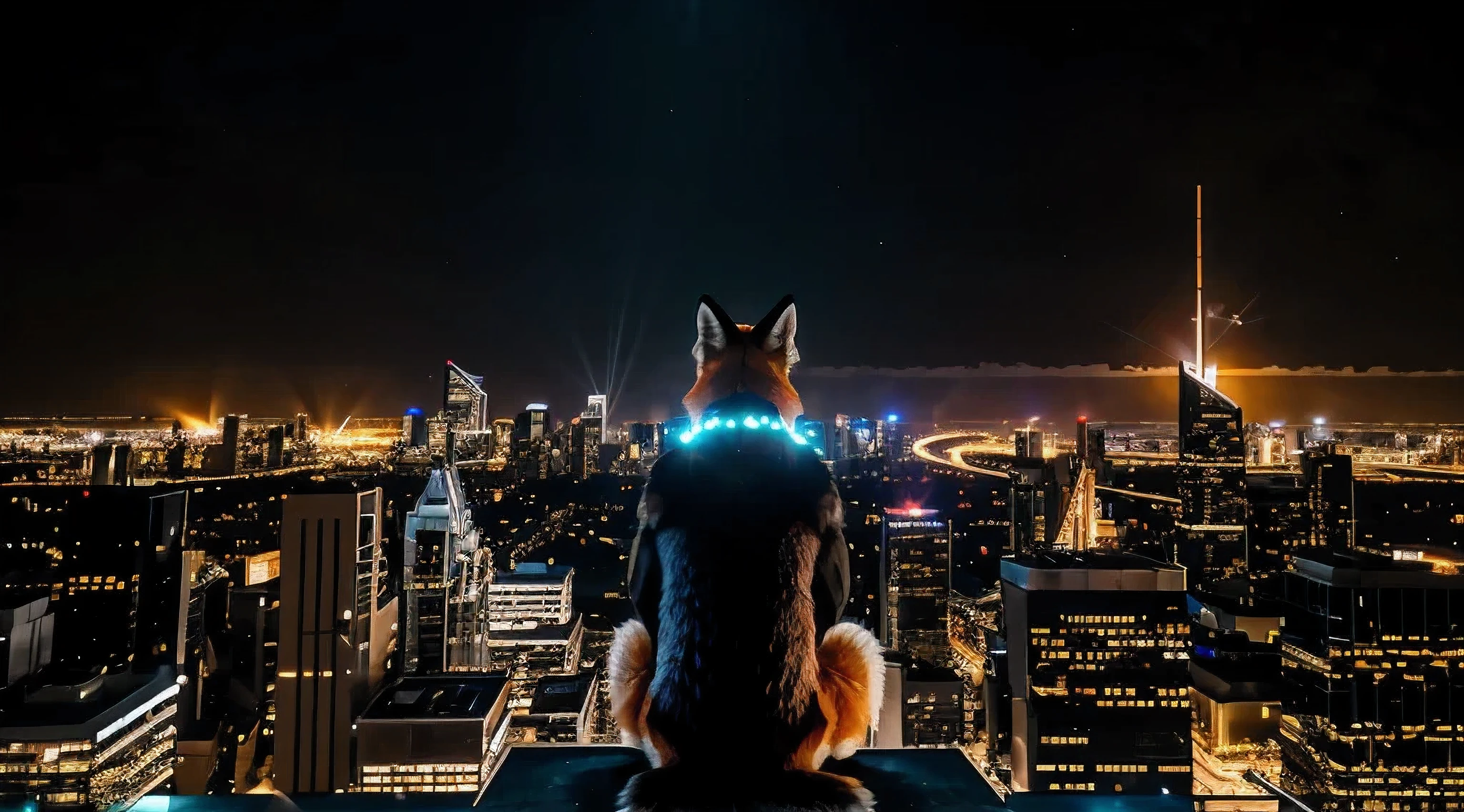 The roof of a skyscraper, a fox sits on it and looks at the night metropolis. View from behind the fox. Dark orange tones.