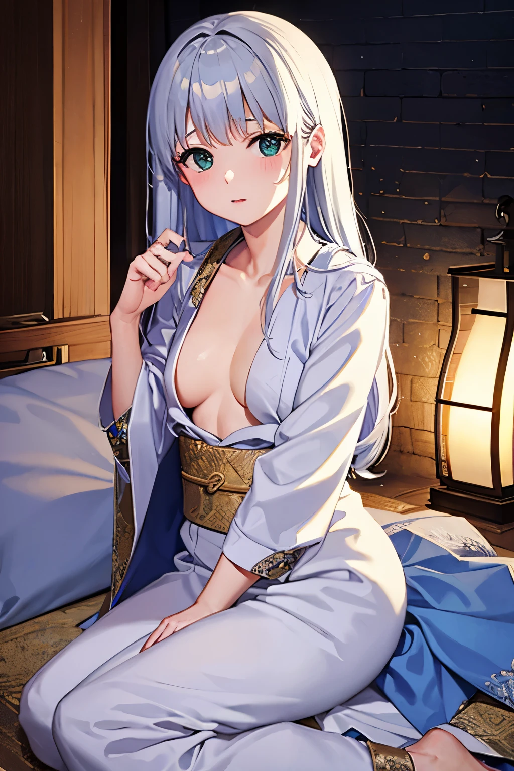 Cabello largo plateado, ojos verdes, furisode, sonrisa, happy, , muslos hermosos, inside house