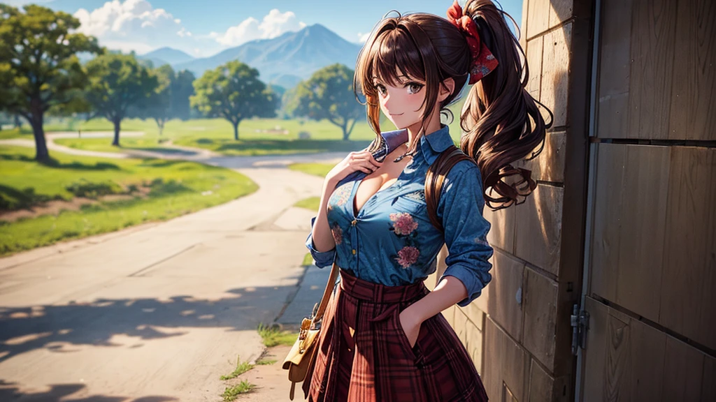 1girl, full body, summer, village, trees, sun, clouds, ((colorful hair)), long hair, curly hair, ponytail, large breasts, button down shirt, ((green checked shirt)), ((unbuttoned shirt)), unbuttoning buttons, popping buttons, cleavage 1:3, brown eyes, ((opened denim jacket)), ((red black skirt)), smile, looking at the viewer, touching neck, standng, hair ribbon, golden necklate