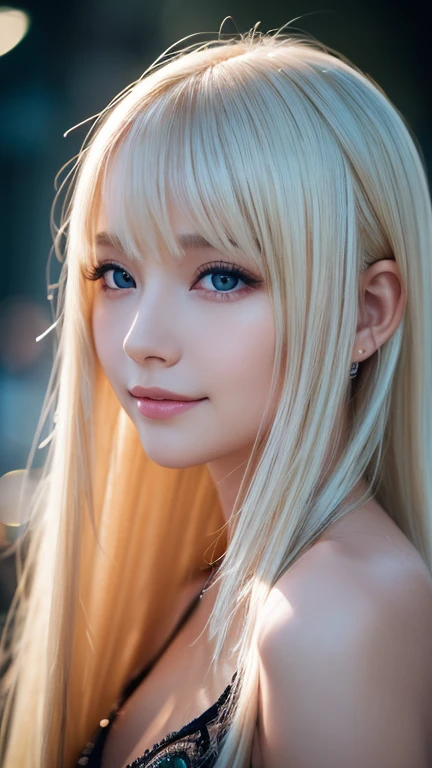 light smile、night、Live shooting、(((Portrait of extreme beauty)))、((glowing skin))、1 girl、11 years old beautiful girl in Prague、((Bright platinum blonde hair))、[blue eyes]、Shiny glossy skin、silky super long straight hair、eyeliner、Bangs are long、hair between eyes、dancing hair、((masterpiece、最high quality、Super detailed、film light、intricate details、High resolution、8K、very detailed))、detailed background、8K UHD、digital single lens reflex、soft light、high quality、film grain、富士XT3 、shallow depth of field、Natural light、（No hands）、Look up、drooping eyes、
