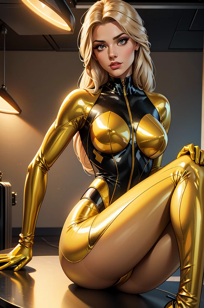 (best quality,8k:1.2,high resolution:1.2),ultra-detalhado,Realistic,retro science female,static pose,long hair,rosto extremamente detalhados,long eyelashes,ligh yellow porcelain catsuit,light beige pantyhose,gloves,light beige Glossy metalic accessories,Physically-based rendering,foco nítido,studio lighting