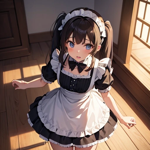 girl, master piece, best quality, ultra-detailed, from above, sensual pose, maid, brown pigtails, enraptured expression, admiring