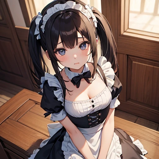 girl, master piece, best quality, ultra-detailed, from above, sensual pose, maid, brown pigtails, enraptured expression, admiring