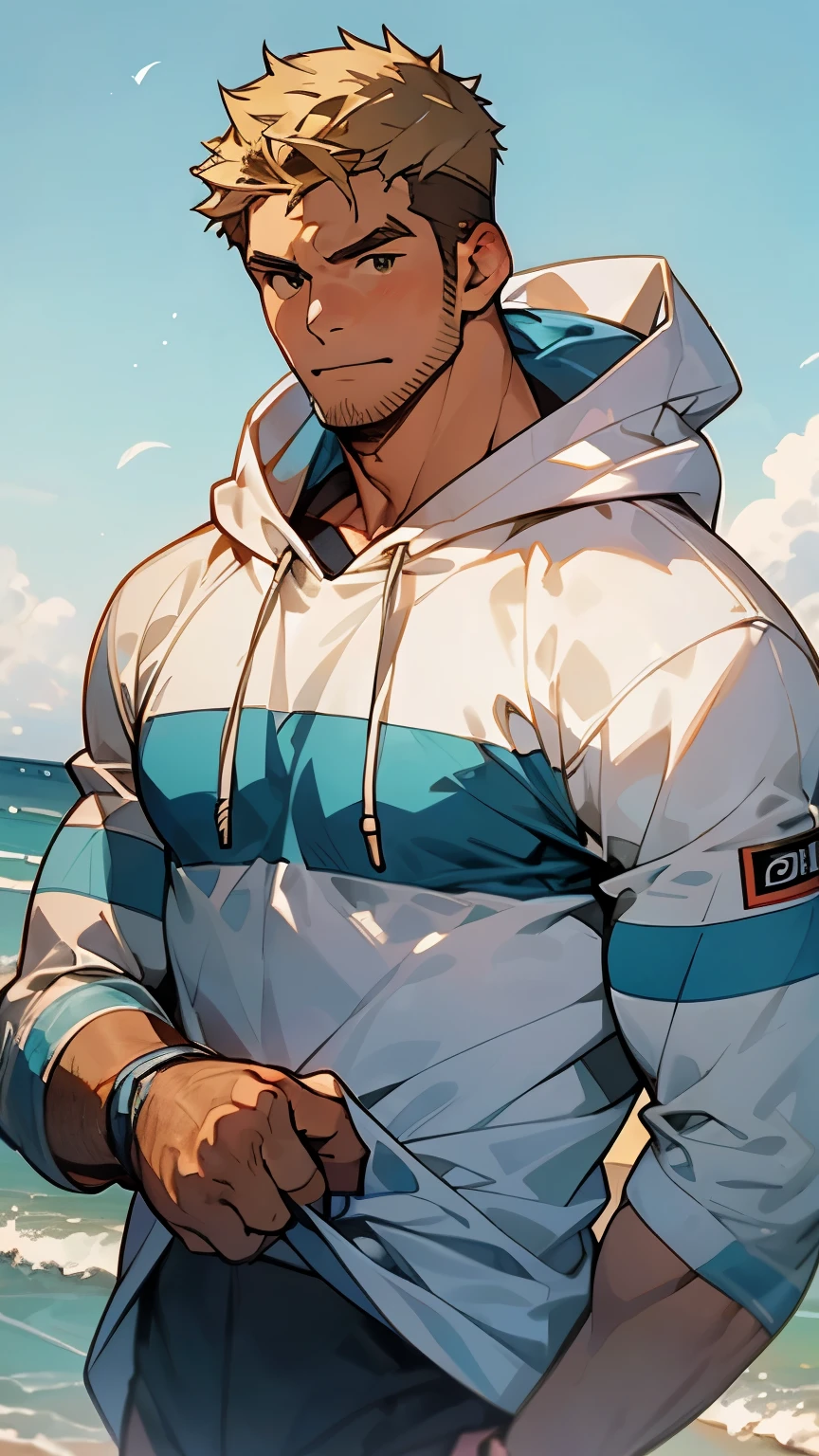 masterpiece, 最high quality, high quality, man 1、30 years old、alone, male focus,　muscular physique、sport mowing、blonde、wearing a hoodie、surfer、sandy beach、Ocean、