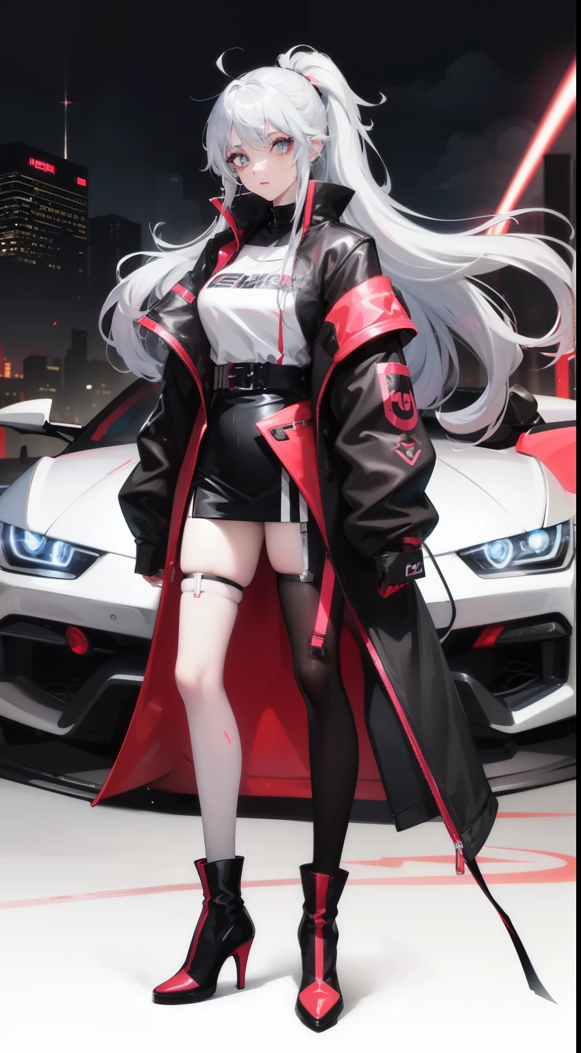 Full body Esbian, anime girl, silver hair, blue eye, detailed face、Black and white and red techwear clothes, pink、white、Red Accessories、Racing cars of the near future、correct car、Neon and laser beam stadium、Red Long High Heels、glowing effect