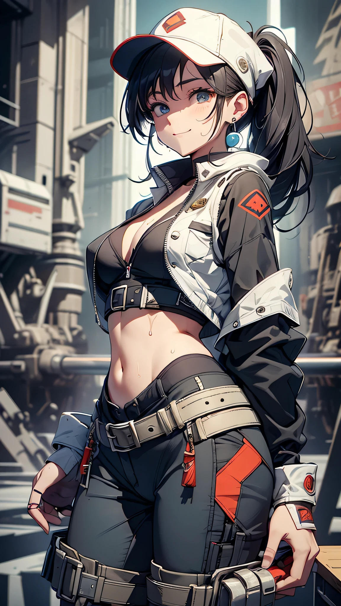 最high quality、best image quality、masterpiece、age girl((18-year-old、 By becoming、vest bust、medium bust,wide open breast tea、black eye, black hair、ponytail、thin,highest valley、Perforated gloves、blue earrings、bandana、black stretch work clothes、red work pants、have work tools、the whole body gets dirty、At work、cute smile、sweating、wrap the jacket around your waist、blue cap hat、Random movement)),high quality、beautiful art、background((fighter jet、hangar)),debris flies、Depth of written boundary、movie、visual art、perfect art、8K,genuine