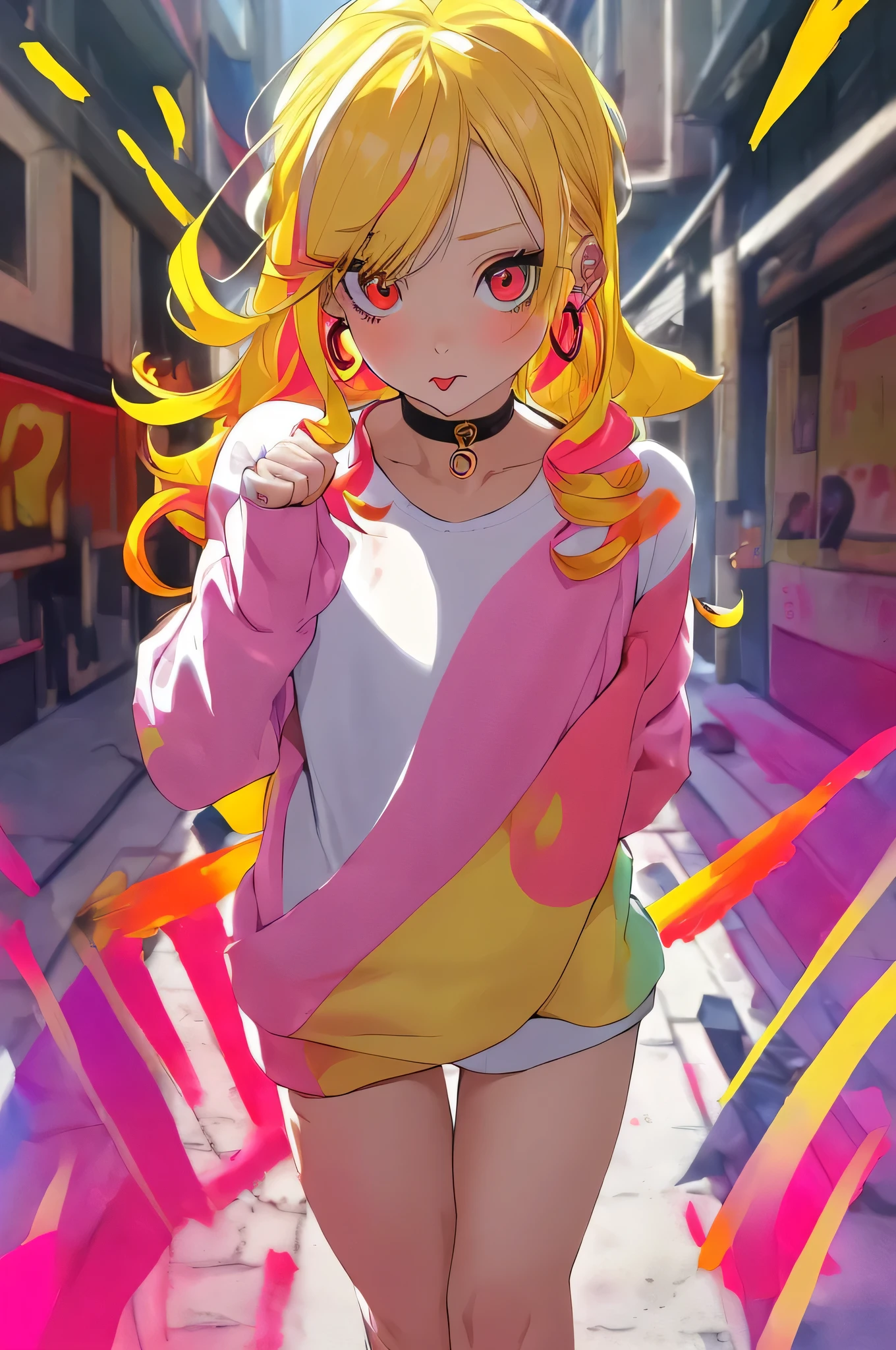 Upper body standing painting, yellow style, (1 ), (alone), (cent, small), long blonde hair, looking at the viewer, Blue eyes background, white background, gem, Jacket, golden hair、straight hair, right ear ring, red eyes, choker necklace, sweater, eyelash, cosmetics, curly, punching, lipstick, ear piercing, eye shadow, hoop earrings, Red-pink lips, multicolored eyes, Yellow theme, 赤いeye shadow,Wearing a rainbow-colored aura from the whole body、purplish color, outdoor, Purple background, upward glance、Shadow lighting,Hands folded behind the waist,Decisive pose、Detailed CG, (perfect hands, perfect anatomy