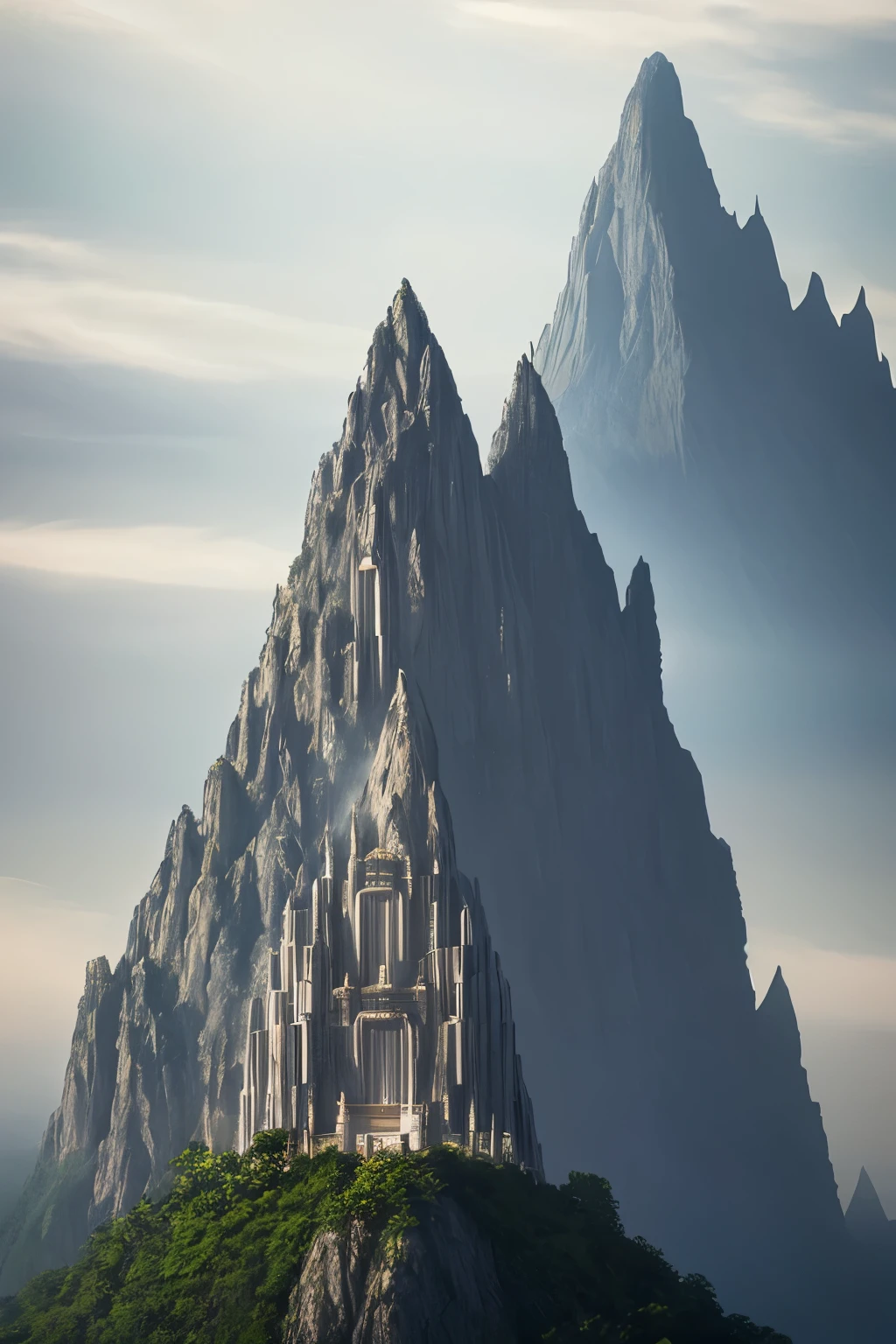 A mountain defying gravity, adorned with temples at its summit, shrouded in a smoky veil - evoking a sense of ethereality, as if transported to a fairyland. Version 6, aspect ratio 3:4, stylization level 750, image quality 2, chaos factor 0, width 1, efficiency mode -s2.