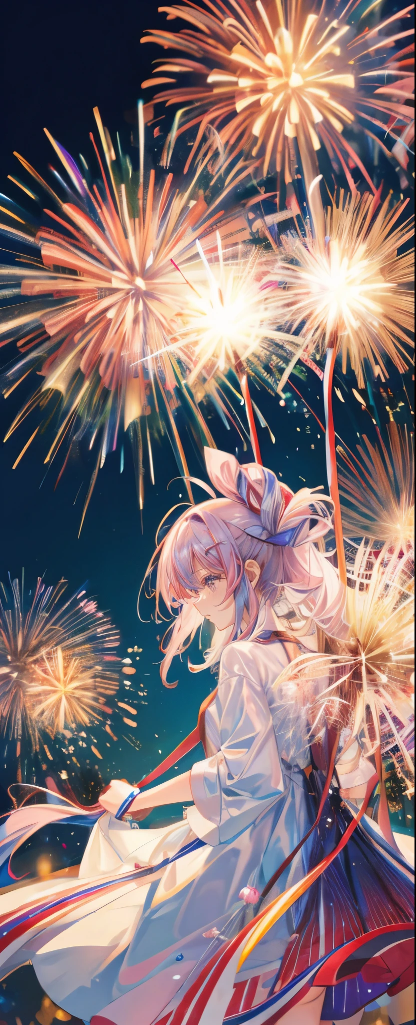 Lots of fireworks,1 girl,Shooting from below