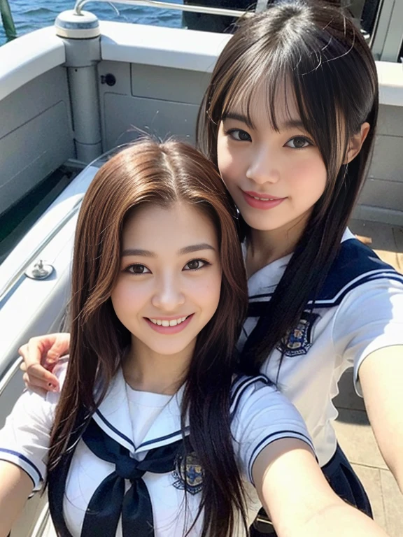 (in 8K、Raw photography、top-quality、masterpiece:1.2)、ultra-detailliert、ultra res、(realisitic、Real Photographics:1.47)、(Two women huddle together)From above、Camera from above、Camera angle from above、I'm looking at this with upward eyes、Woman holding hands、Holding hands、High-quality images taken with a camera from above、Luxury linelming on board、(Very beautiful lighting)head to waist、Japanese student uniform、japanese sailor suits、Black uniform and red tie、de pele branca、Fair-skinned female proofreading、An ultra-high picture quality、Beautiful female proofreading reflecting in light、amazing detailed、Beautiful girls in very detailed、Faces with different patterns、Different face patterns、Each hairstyle has its own characteristics、Farbe々Hairstyle、Farbe々Hair color shining with clean light、I enjoy fishing on a boat、Brown hair shining in the light、One has a ponytail、、Modern cute high school girl、very detailed faces very detailed eyes、Very realistic skin、 extremely detailed fingers, highly detailed nose, highly detail mouth, perfect anatomia, Highly detailed sailor suit、、The details of their hair and uniforms shine through、Show your teeth、Realistic body, de pele branca, glistning skin, Slim body, Long straight hair, (Blunt bangs:1.2), , nixeu and sakimichan, TWICE, Seifuku, sakimichan, JK Uniform, wearing japanese school uniform, promo still, Larisa Manobal, Japan school uniform, japanese girl school uniform, alena aenami and lilia alvarado