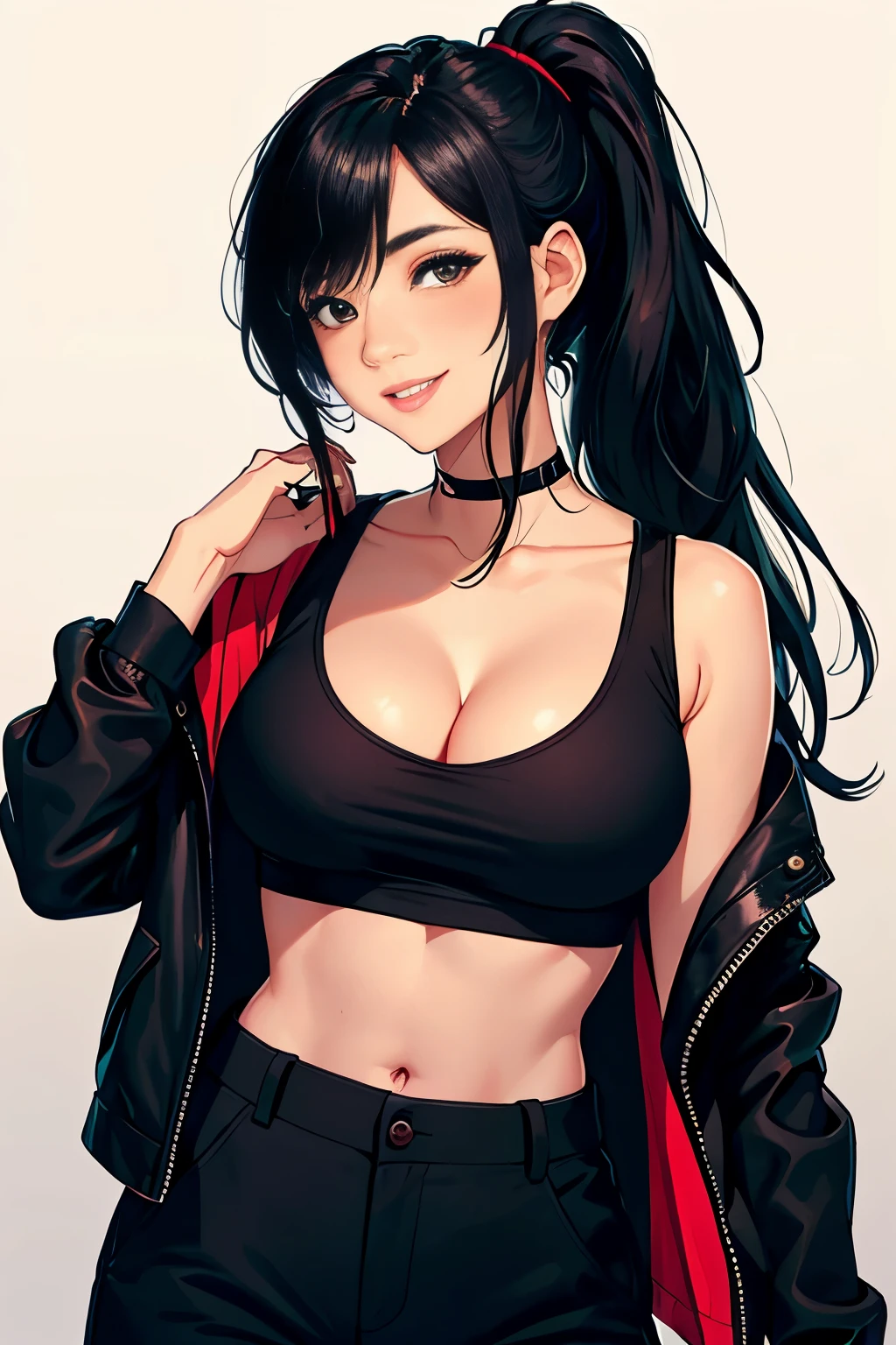 Amazing portrait of a sexy woman wearing her luscious black hair in a ponytail, seductively gazing and smiling, soft lips, parted, blushing intensely, smiling, black crop top, black cargo pants, black short shirt, medium chest, cleavage, perfect body