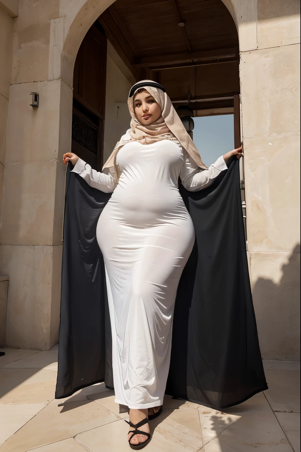 1 femme Arabe, bbw, tres sexy, en hijab, avec des grosses fesses, entrain de nettoyer le sol en carrelage avec une serpillere,