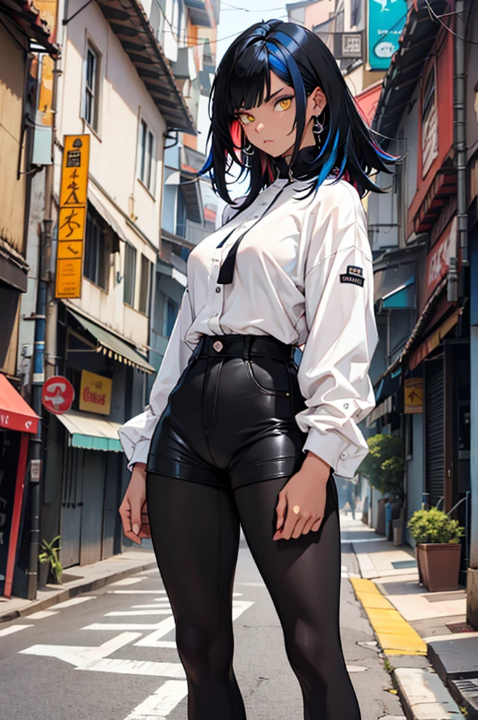 ((multicolored hair, black hair, blue hair)), 1 girl, two-tone hair, black on top, white on bottom 1 gilr, ,perfect anatomy girl muscular girl toned body girl large breasts girl thick girl angry girl best quality girl black hair girl yellow eyes girl pale girl pale girl,linda mulher morena, musculosa , usando short legging withe, meia calça preta, cabelo curto, belos olhos, olhos lindos, amarelos, camisa branca, jaqueta de couro preta, shorts, short legging white, cidade beco escuro pantyhose black, two-tone hair, black on top, white on bottom