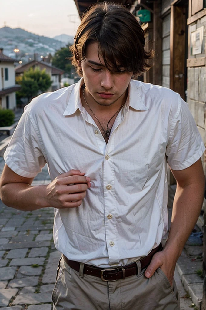 Very handsome eighteen--old masculine boy with short frizzy brown hair, green eyes, thick lips and a little beard dressed in an elegant white shirt in a mountain village at sunset. The look is melancholic and pensive. Hyperrealistic best quality and full of details in eight k