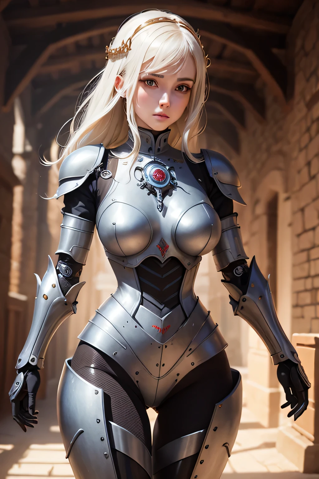 A female robot modeled after medieval European armor.. Machine body Exposed Machine