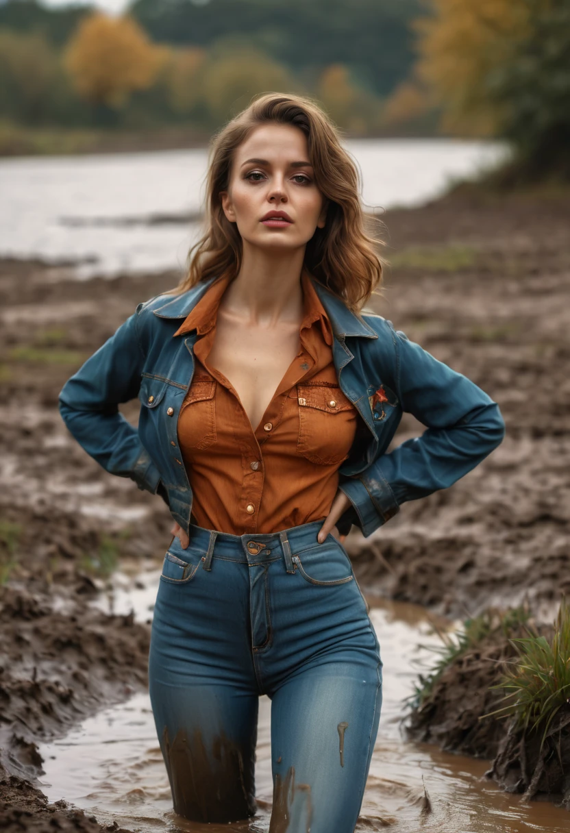 (best quality,4k,8k,highres,masterpiece:1.2),vivid colors,ultra-detailed,realistic,portrait,70s setting,woman,worn-out,high waist muddy flared jeans,jacket,blouse,drowning,bog scene,wet clothes,muddy clothes,retro fashion,bokeh,film grain,warm tones,soft lighting,nostalgia