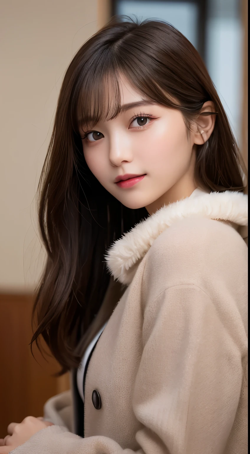 table top, highest quality, shape, Super detailed, finely, High resolution, 8k wallpaper, 完璧なダイナミックな構shape, beautiful and detailed eyes, winter dress,medium hair, small breasts, natural color lip, random sexy pose,smile,big city、20 year old girl、midnight、beautiful and detailed face、perfect and beautiful face,Big eyes、RAW photo、spread both arms and legs wide、Express your best mood with your whole body、beautiful and detailed eyes、small face、beautiful duplex、slim face and style,luxury brand mink coat、anatomically perfect body