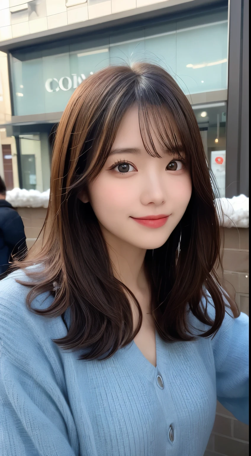 table top, highest quality, figure, super detailed, finely, High resolution, 8k wallpaper, 完璧なダイナミックな構figure, beautiful and fine eyes, fluffy winter clothes、winter dress,medium hair, small breasts, natural color lip,smile,big city、20 year old girl、midnight、beautiful and detailed face、perfect and beautiful face、slim face and style,spread your arms wide,Big eyes,Take a photo from below the knees at a face angle,blur the background、Take a close-up photo of your face,blur the background、Take a close-up photo of your face,blur the background、Take a close-up photo of your face