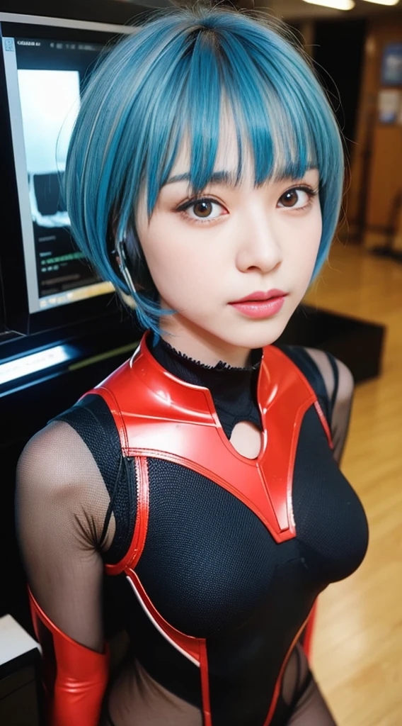 (girl): solo、(perfect face)、(detailed costumes)、intrigued、(concentrated)、Delicate blue hair、medium hair、(pixie cut)、red eyes、medium breasts、Rei Ayanami、solo、plug suit、白body suit, short hair, red eye, body suit, Interface Headset(background): From above、indoor、(SF)、(Computer)、Inside the robot(effect): (masterpiece)、(highest quality)、(sharp focus)、(Depth of bounds written)、(High resolution)、More prisms、Bright colors、