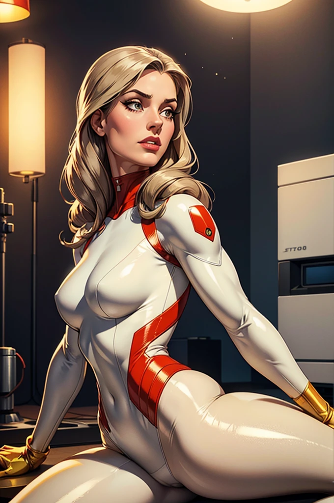 (best quality,8k:1.2,high resolution:1.2),ultra-detalhado,Realistic,retro science female,static pose,long hair,rosto extremamente detalhados,long eyelashes,ligh beige porcelain catsuit,light beige pantyhose,gloves,light beige Glossy metalic accessories,Physically-based rendering,foco nítido,studio lighting