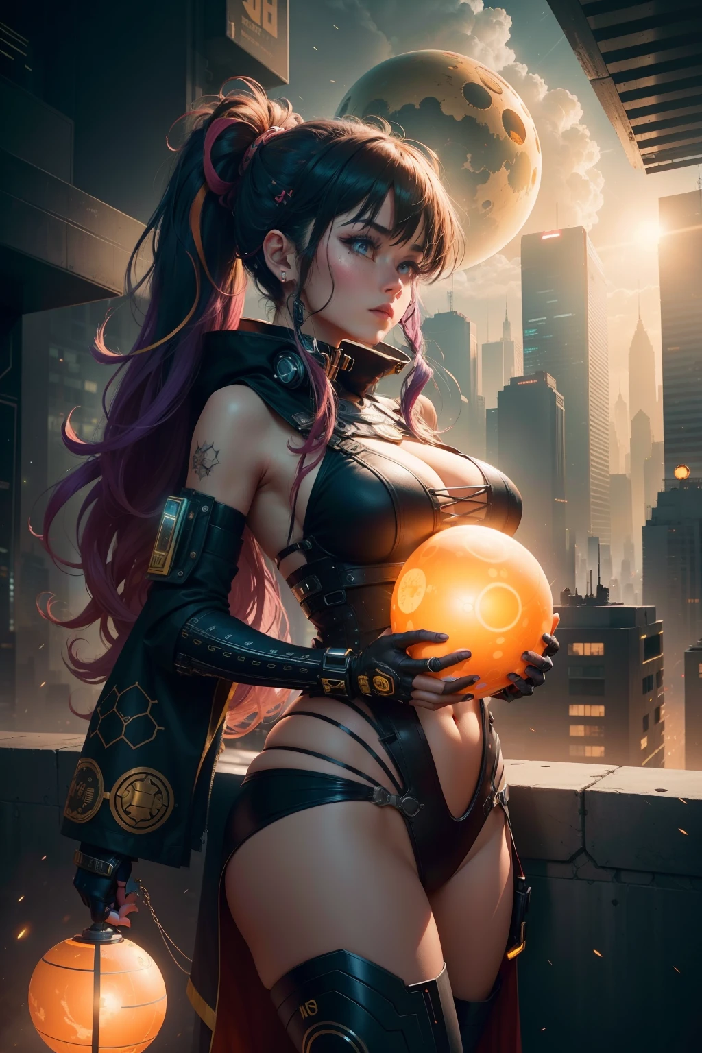 In the gritty heart of this cyber punk metropolis, a breathtaking spectacle unfolds before the awestruck crowd. People of all shapes and sizes, their eyes fixed towards the sky, marvel at the mind-boggling sight of the multiverse opening up above them. The once monotonous concrete jungle is now bathed in an ethereal glow, as intricate patterns and swirling colors dance across the buildings, weaving a tapestry of infinite possibilities. The sun, once a simple yellow orb, now transforms into a radiant ball of multicolored energies. In this world of high-tech marvels and unexplored dimensions, the wonders of the universe are no