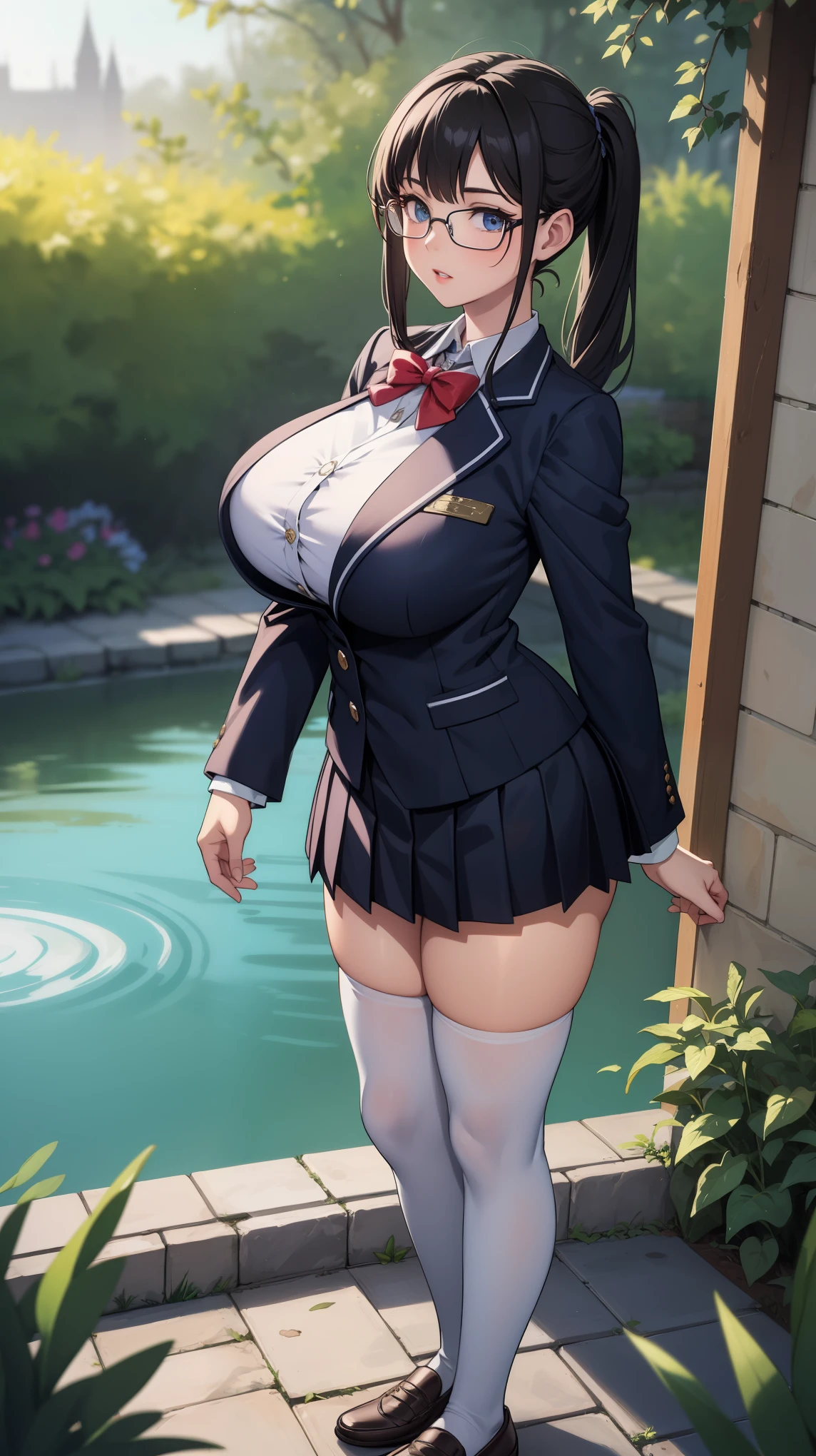 anime female character in school uniform,
BREAK
, low twin tail, Glasses, black hair, (Beautiful,Huge_Breasts:1.3), milf,
BREAK
, 1girl, solo, Standing in the garden, full body, full figure,
BREAK
, A breathtakingly beautiful garden filled with vibrant flowers, lush green plants, and a crystal-clear pond. The air is filled with the sweet scent of blooming flowers, and rays of golden sunlight gently filter through the leaves, creating a magical atmosphere, 
BREAK
, school uniform, thigh-highs, ブレザー burezaa (Blazer), bow, school uniform, bowtie, shoes, loafers, ribbon,
BREAK
, beautiful detailed eyes, beautiful detailed lips, extremely detailed eyes and face, long eyelashes,
BREAK
, medium: oil painting, atmospheric lighting, dreamy color palette, detailed interior decoration, quiet and peaceful ambiance,
BREAK
, (best quality,4k,8k,highres,masterpiece:1.2), ultra-detailed,