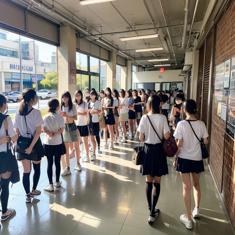 RAW photo, realistic style, Chinese elementary school students, modern, in the school cafeteria, queuing for meals, no backpacks, delicious food