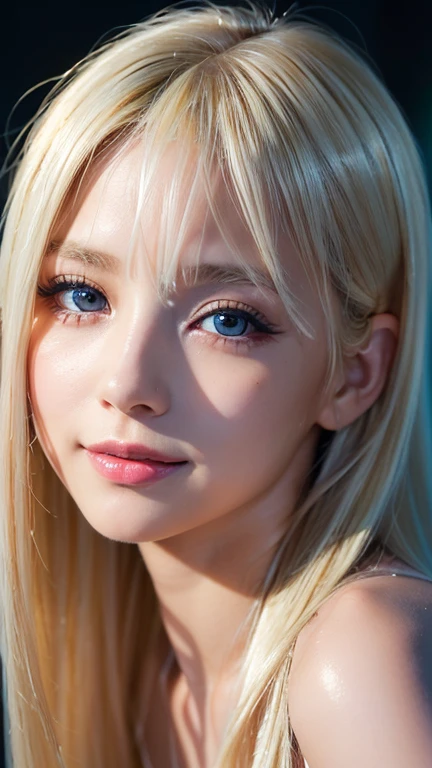 light smile、night、Live shooting、(((Portrait of extreme beauty)))、((glowing skin))、1 girl、 beautiful girl in Prague、((Bright platinum blonde hair))、[Very beautiful bright light blue big eyes]、Shiny glossy skin、silky super long straight hair、eyeliner、Bangs are long、hair between eyes、Dancing blonde、((masterpiece、最high quality、Super detailed、film light、intricate details、High resolution、8K、very detailed))、detailed background、8K UHD、digital single lens reflex、soft light、high quality、film grain、富士XT3 、shallow depth of field、Natural light、（No hands）、Look up、drooping eyes、cheek gloss highlight、small face beauty
