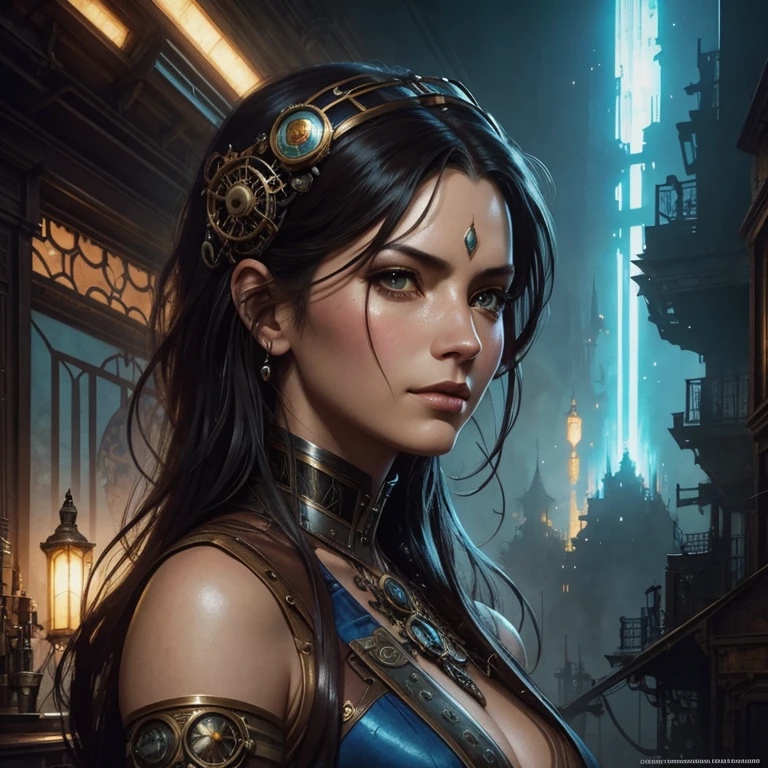 Steampunk woman portrait, illustration by Alessandro 'Talexi' Taini, in DreamWorks Animation Wonderland Stylized watercolor visuals, ultra detailed art, complex Illustration by Tran Nguyen Jeremy Mann Frank Frazetta Carne Griffiths, WLOP, Intricate, Complex contrast, HDR, Sharp, soft Cinematic Volumetric lighting, vibrant colours, wide long shot, perfect masterpiece