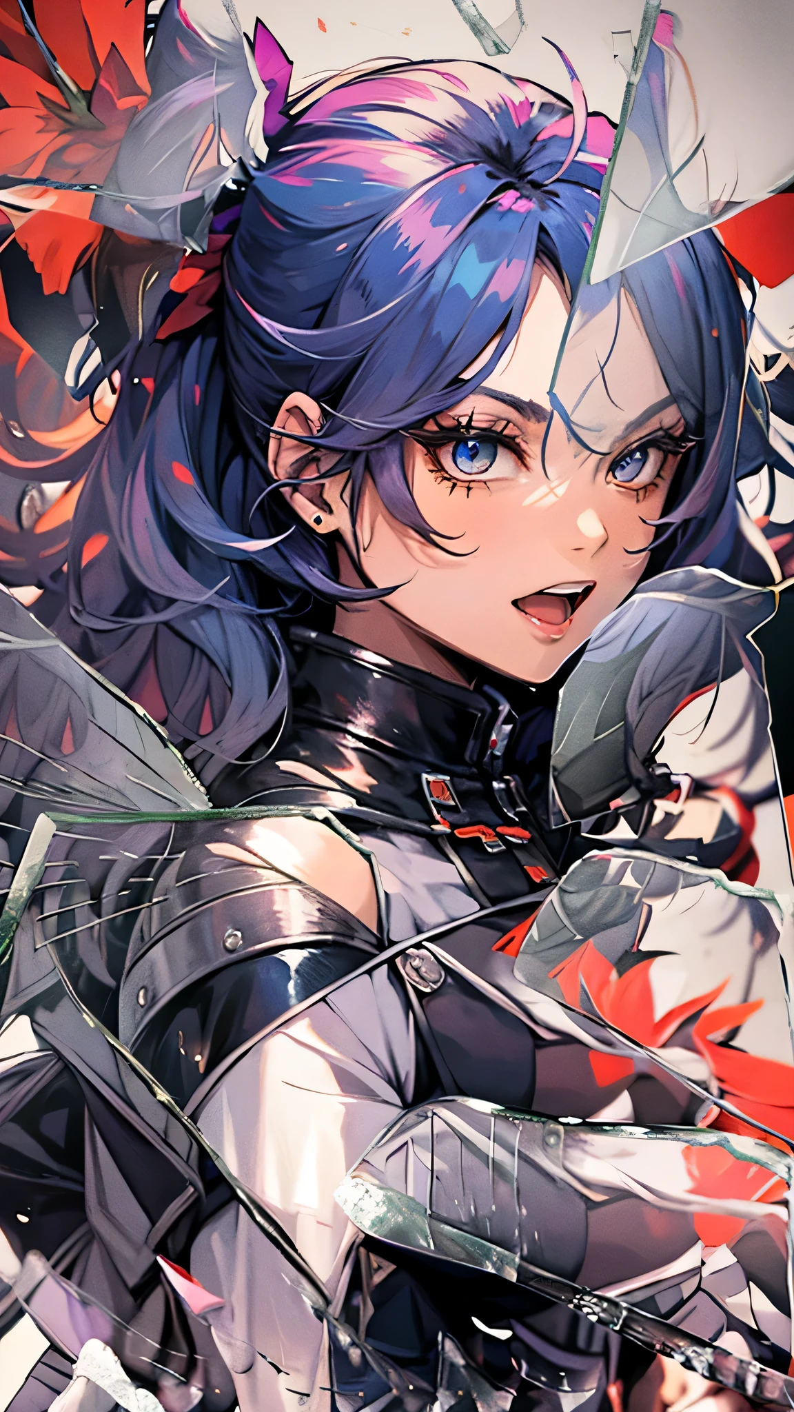 最high quality、best image quality、masterpiece、teenage girl((18-year-old、 By becoming、vest bust、medium bust,wide open breast tea、black eye, blue hair、ponytail、thin,highest valley、Perforated gloves、Black magic suit、red cloak、Magic circle from the hand、scream)),high quality、beautiful art、background((Magic House)),debris flies、Depth of written boundary、movie、visual art、perfect art、8K,genuine