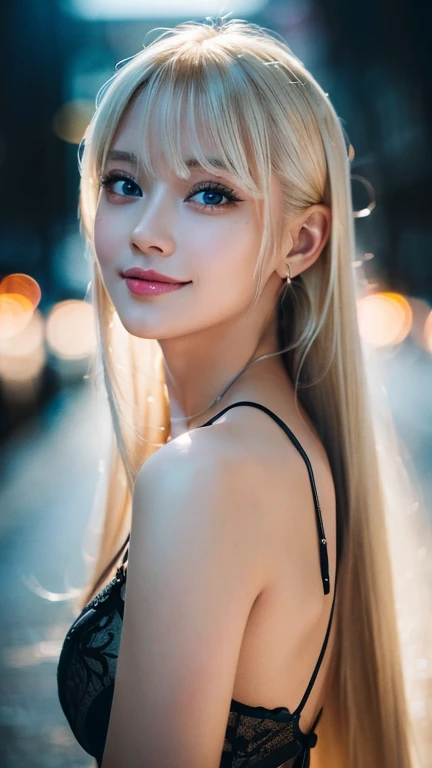((Highest quality)), ((masterpiece)), (detailed), high ponytail long hair, ((Blonde hair)), Beautiful girl, Very Cute Eyes, Green eyes, False eyelashes, (((Watery eye))), (Blushed:1.3), Glossy thick lips, 10 piercings, shiny white skin, (Cropped off-shoulder T-shirt), wide and damaged denim pants, ((bulge)), outside, raining, crowded city, fog, evening, neon sign,