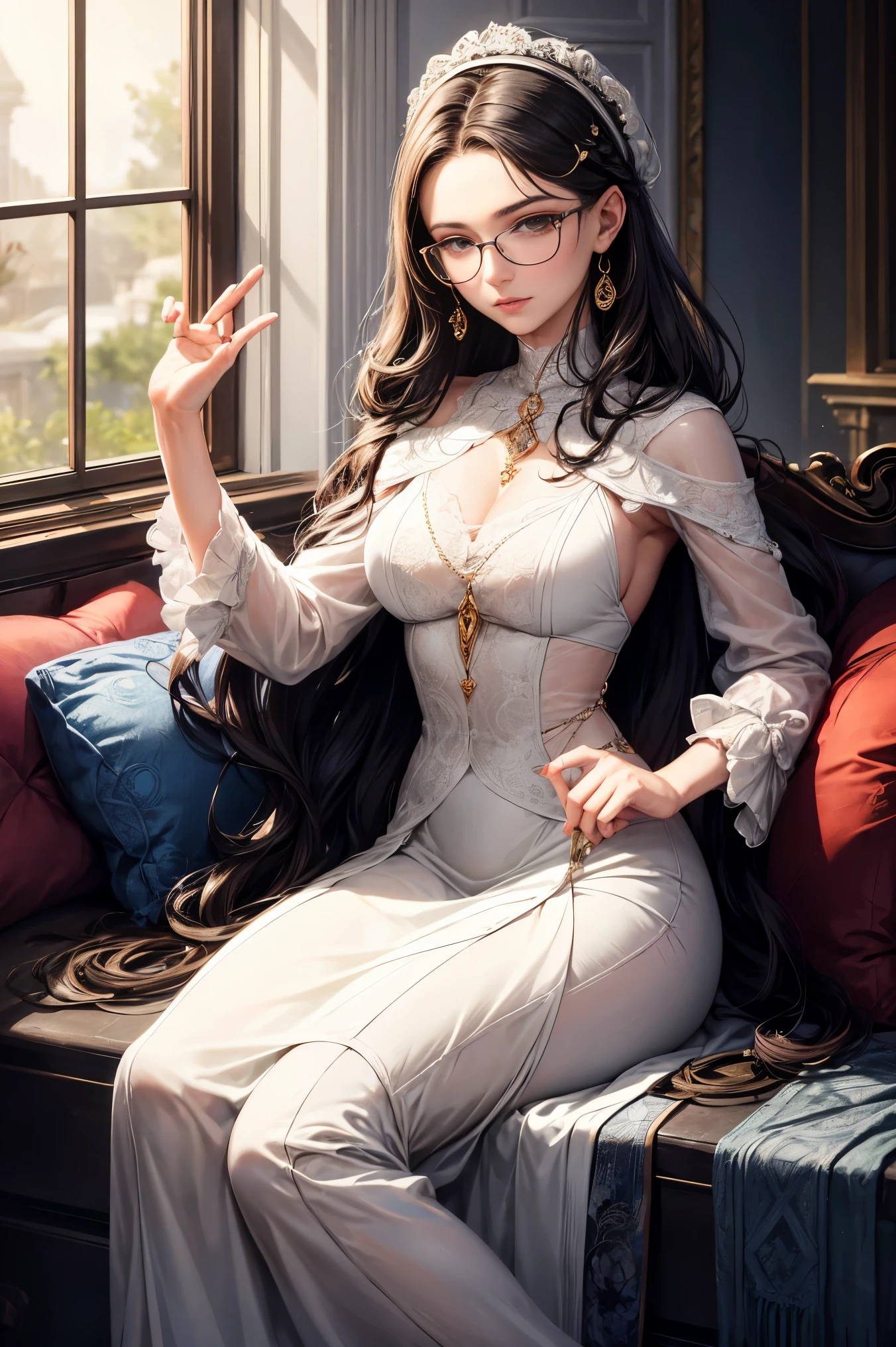 Name: Leonora Ardent Description: Leonore Ardent - a philosopher with a refined look and deep thinking. Her sophisticated style, combining the ability to find harmony in everything, expressed in every detail of her appearance.

Vision: Always in a relaxed manner, Leonora wears the attributes of her thinking - exquisite frames of glasses, which give her the appearance of an intellectual. They are like a window into her world, through which she peers into the depths of ideas.

Cloth: Leonora prefers discreet, but stylish outfits, which reflect her philosophical view of the world. Often these are pastel shades and classic lines, highlighting her refined taste.

Hair and makeup: Leonora&#39;s hair, loose or neatly laid, create an image of natural beauty. Her makeup is also minimalist, emphasizing only natural facial features.

Accessories: She wears symbolic jewelry, reflecting her philosophical path - pendants with abstract shapes, which personify her desire for harmony and understanding of the world.

Leonora Ardent&#39;s overall appearance exudes more than just style and sophistication, but also a deep inner world, which she enjoys solving, exploring philosophical mysteries.