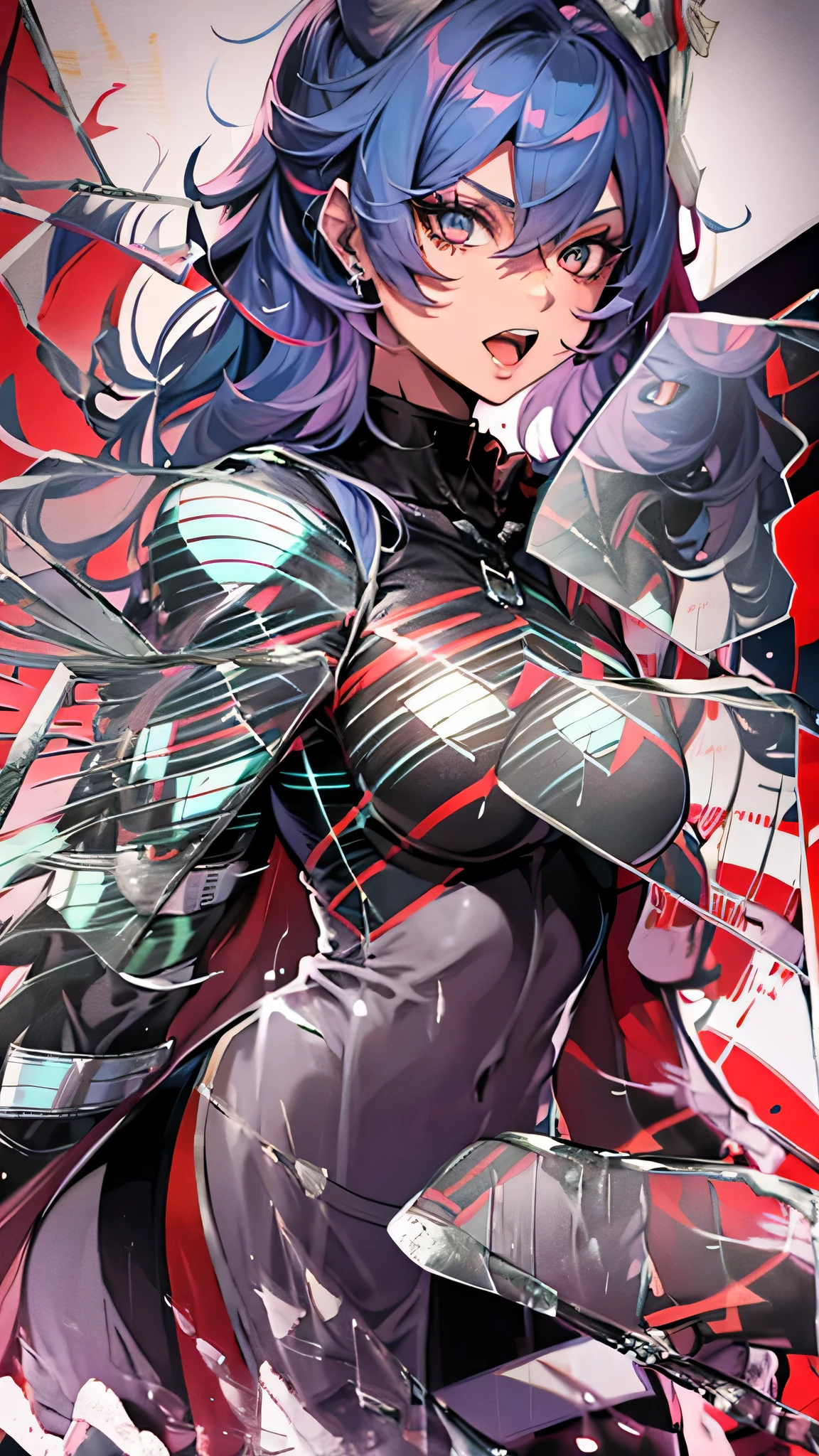 最high quality、best image quality、masterpiece、teenage girl((18-year-old、 By becoming、vest bust、medium bust,wide open breast tea、black eye, blue hair、ponytail、thin,highest valley、Perforated gloves、Black magic suit、red cloak、Magic circle from the hand、scream)),high quality、beautiful art、background((Magic House)),debris flies、Depth of written boundary、movie、visual art、perfect art、8K,genuine