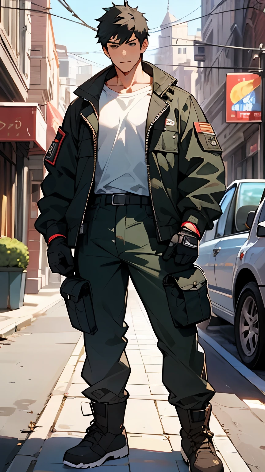 masterpiece, 最high quality, high quality, man 1、30 years old、alone, male focus,　muscular physique、sport mowing、black hair、mechanic clothes、Easy-to-move jacket、cargo pants、Has lots of pockets、Outdoor Boots、Main street where cars run