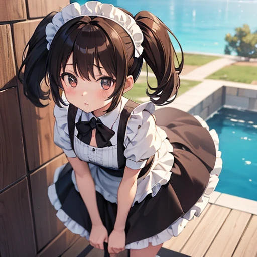 girl, anime, master piece, best quality, ultra-detailed, from above, leaning forward while standing, maid, brown pigtails, enraptured expression