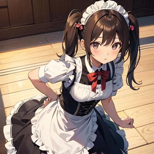 girl, anime, master piece, best quality, ultra-detailed, from above, leaning forward while standing, maid, brown pigtails, enraptured expression